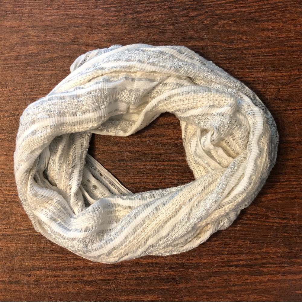 Infinity Scarf Ivory, Cream, Gray & Silver Striped Lightweight Woven Soft Apt 9